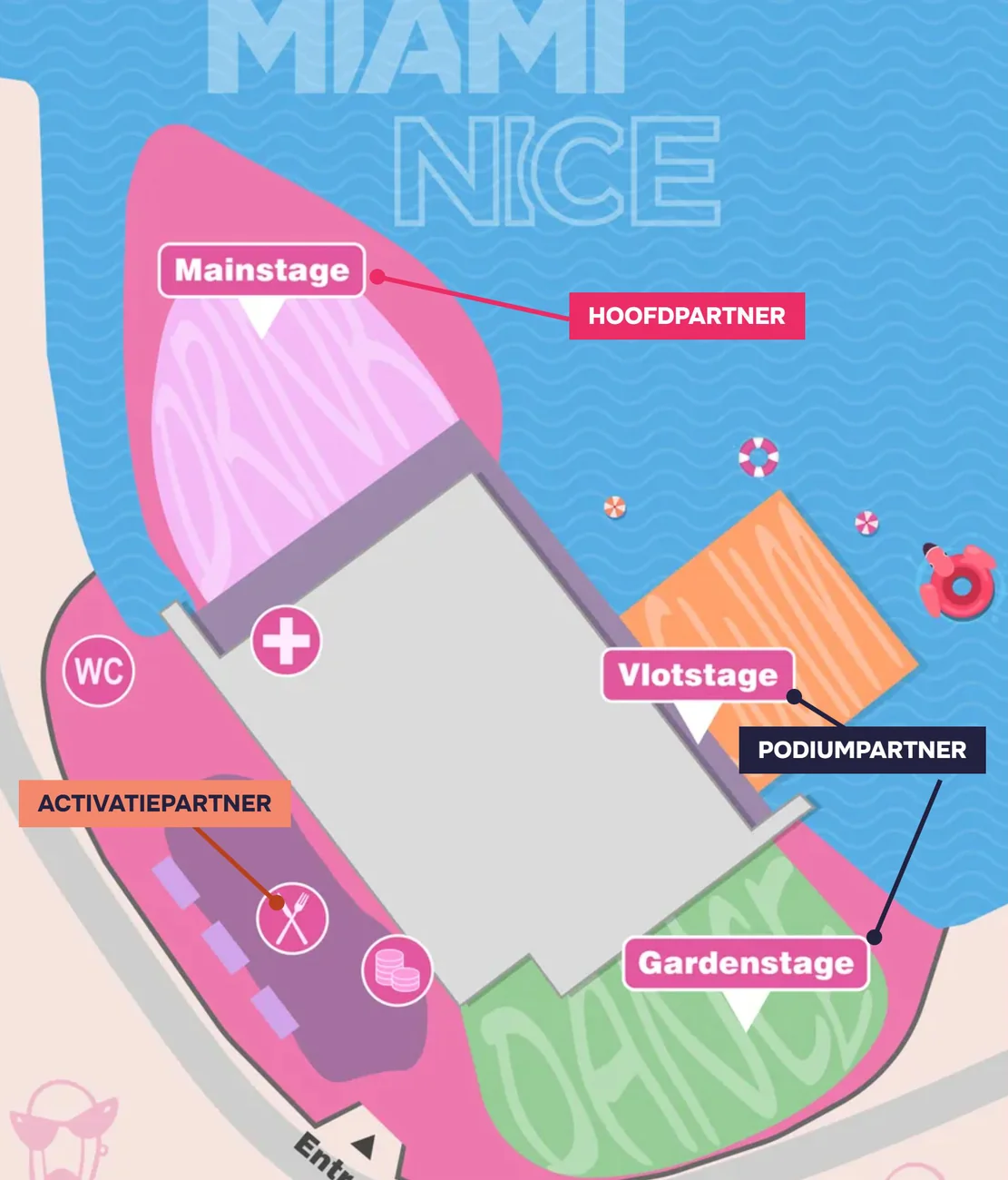 Plattegrond van het festivalterrein met de Mainstage, Vlotstage, Gardenstage en food- & chillzone